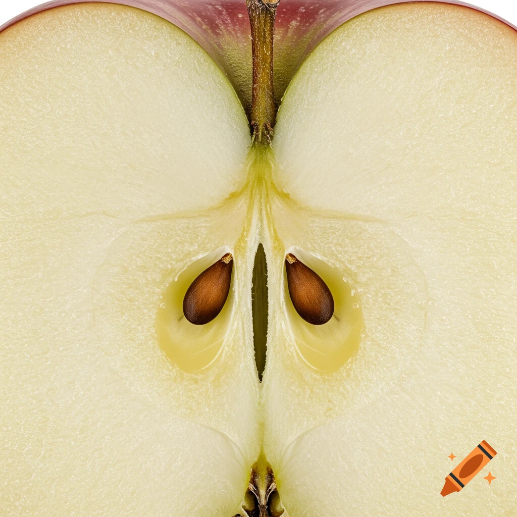 Close-up view of a red apple cut in half, showing the core, seeds, and stem.