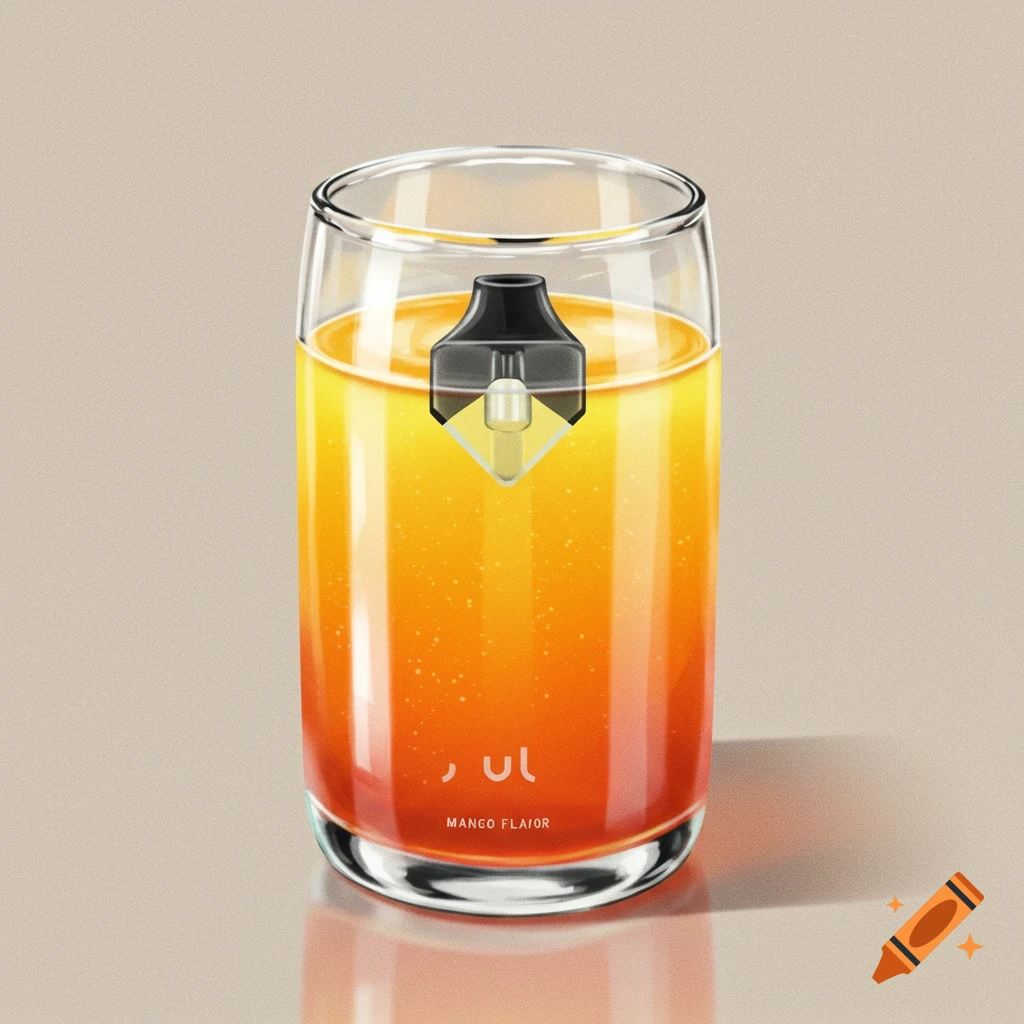 A glass filled with orange liquid, containing a vaping pod.