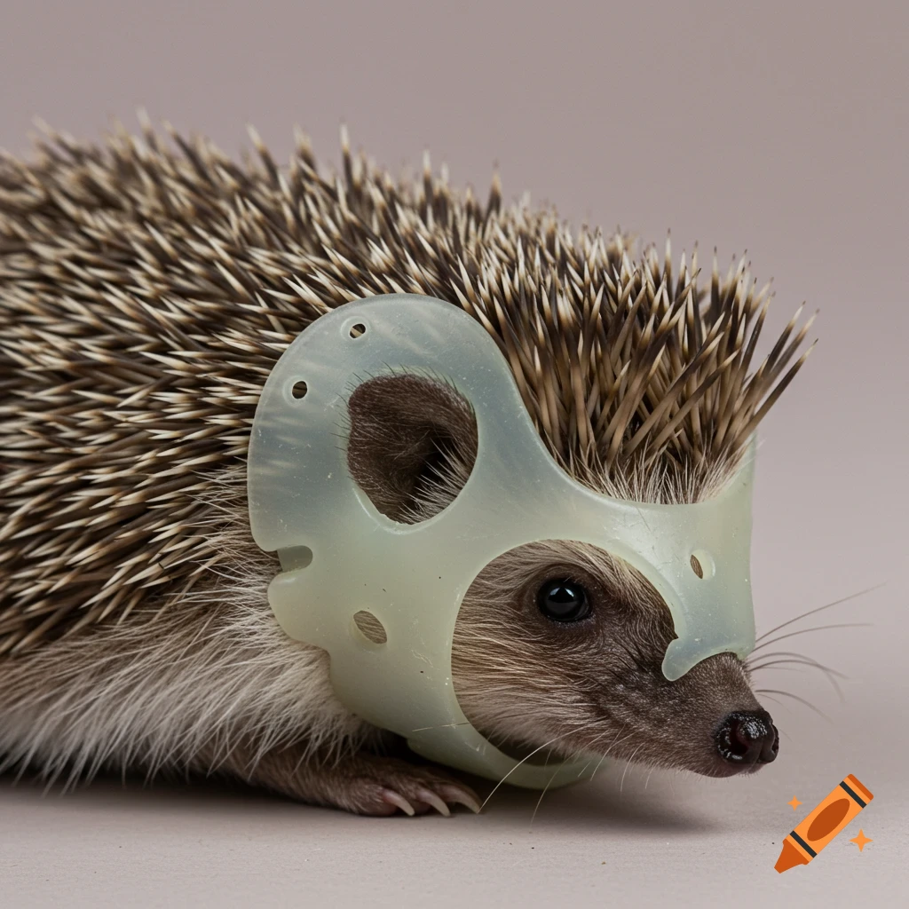 Close-up photo of a hedgehog wearing a translucent medical head brace.