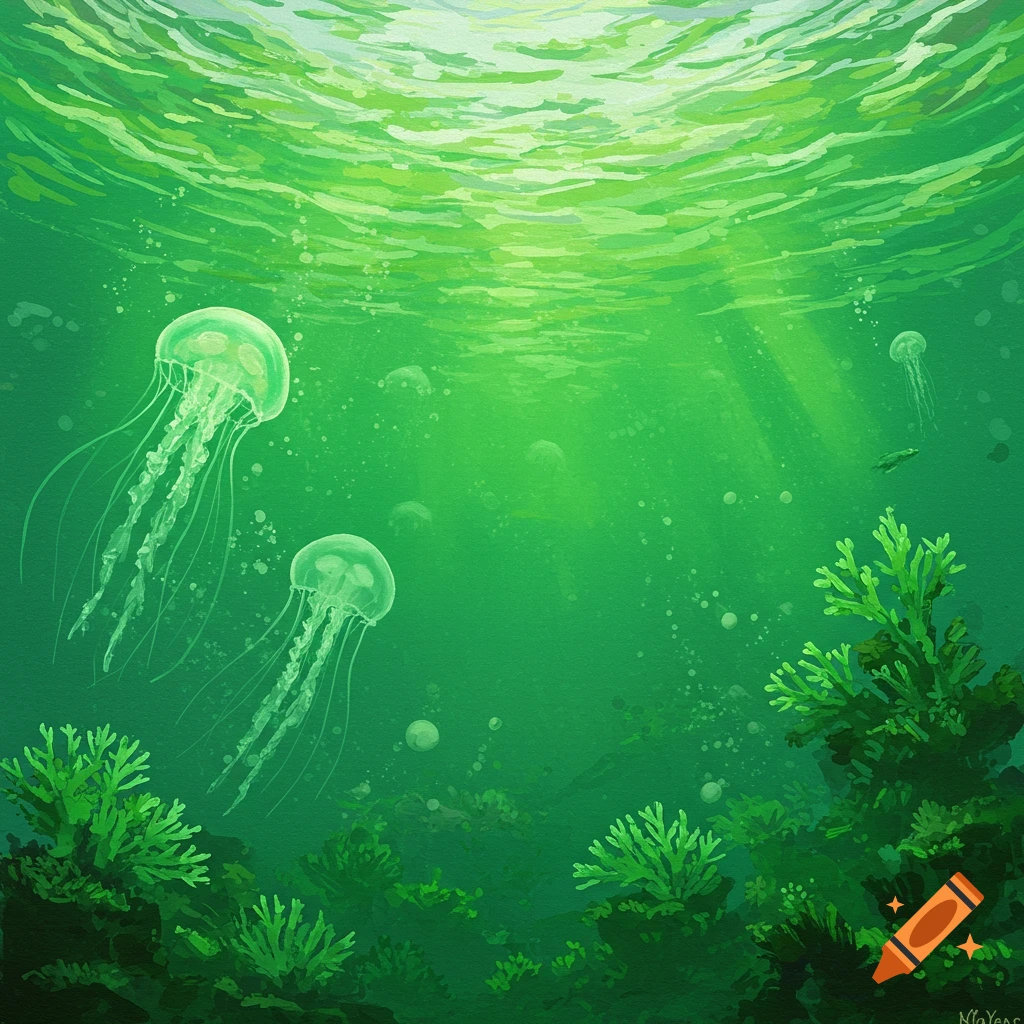 Impressionistic illustration of jellyfish swimming in bright green underwater light.