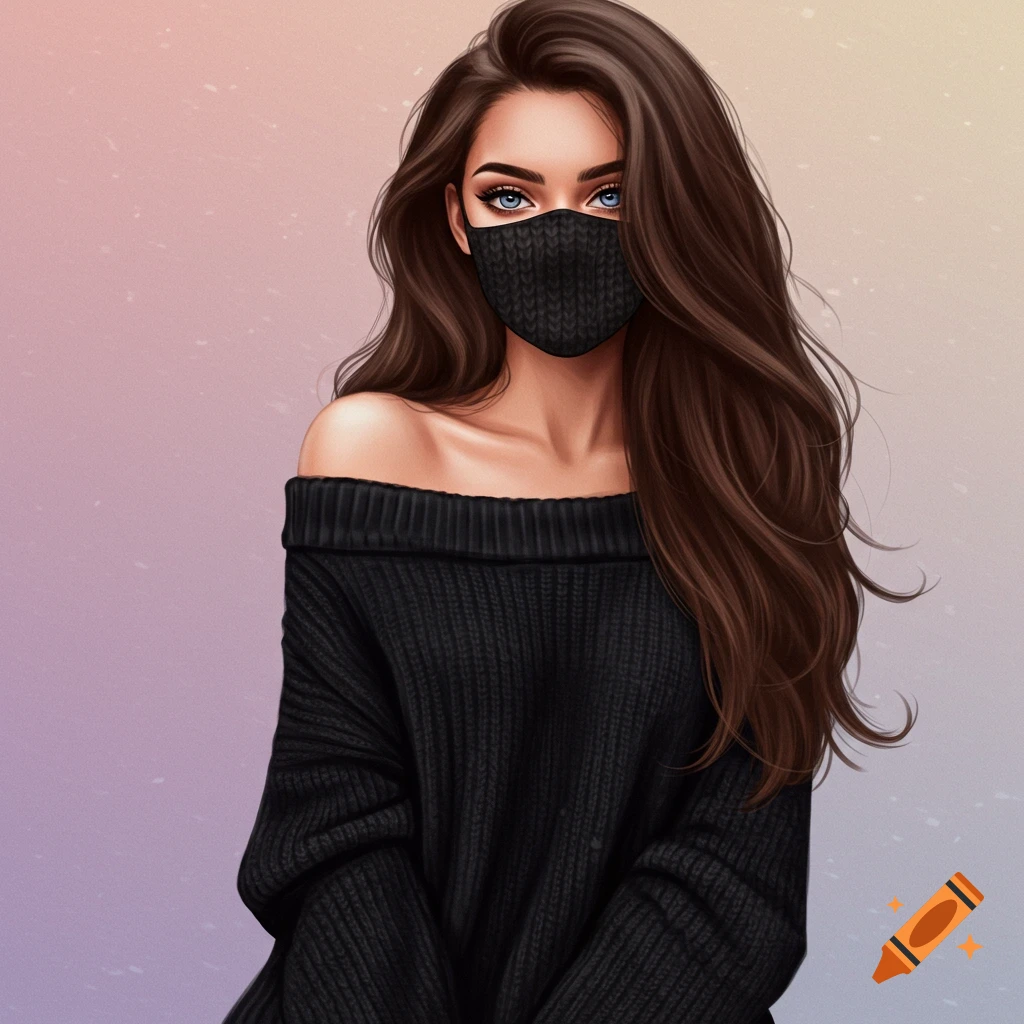 Stylized portrait of a woman with long brown hair, blue eyes, and a black mask, wearing a black off-the-shoulder sweater.