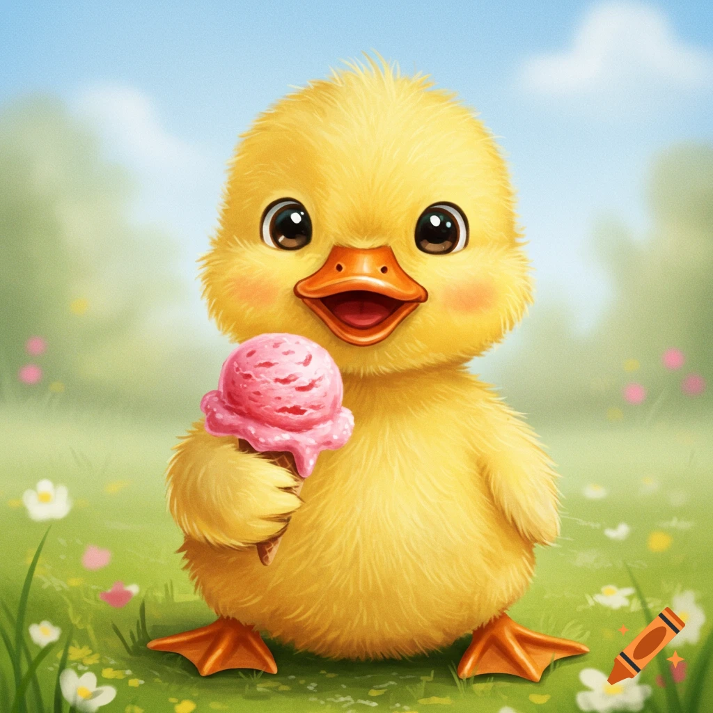 A cute yellow baby duck holds a pink ice cream cone in a grassy field.