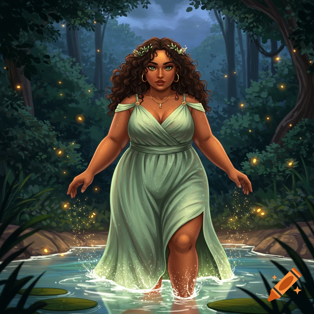 Illustration of a woman in a light green dress stepping into a magical forest lake at twilight.