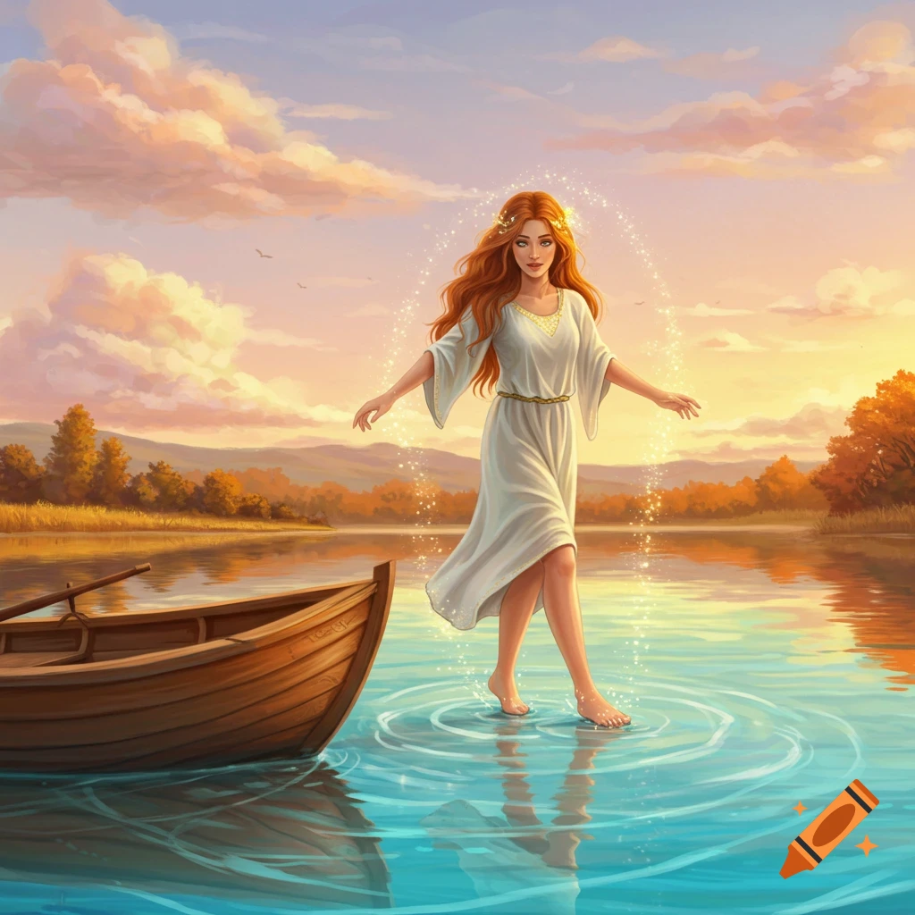An illustration of a woman walking on water from a boat at sunset.