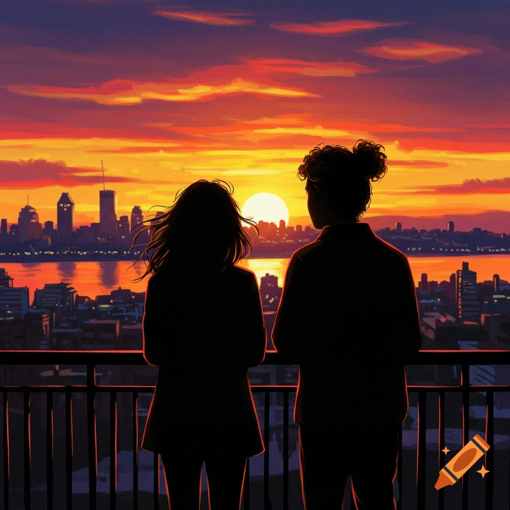 Silhouetted couple watches a vibrant orange and purple sunset over a city skyline from a balcony. Painterly style.