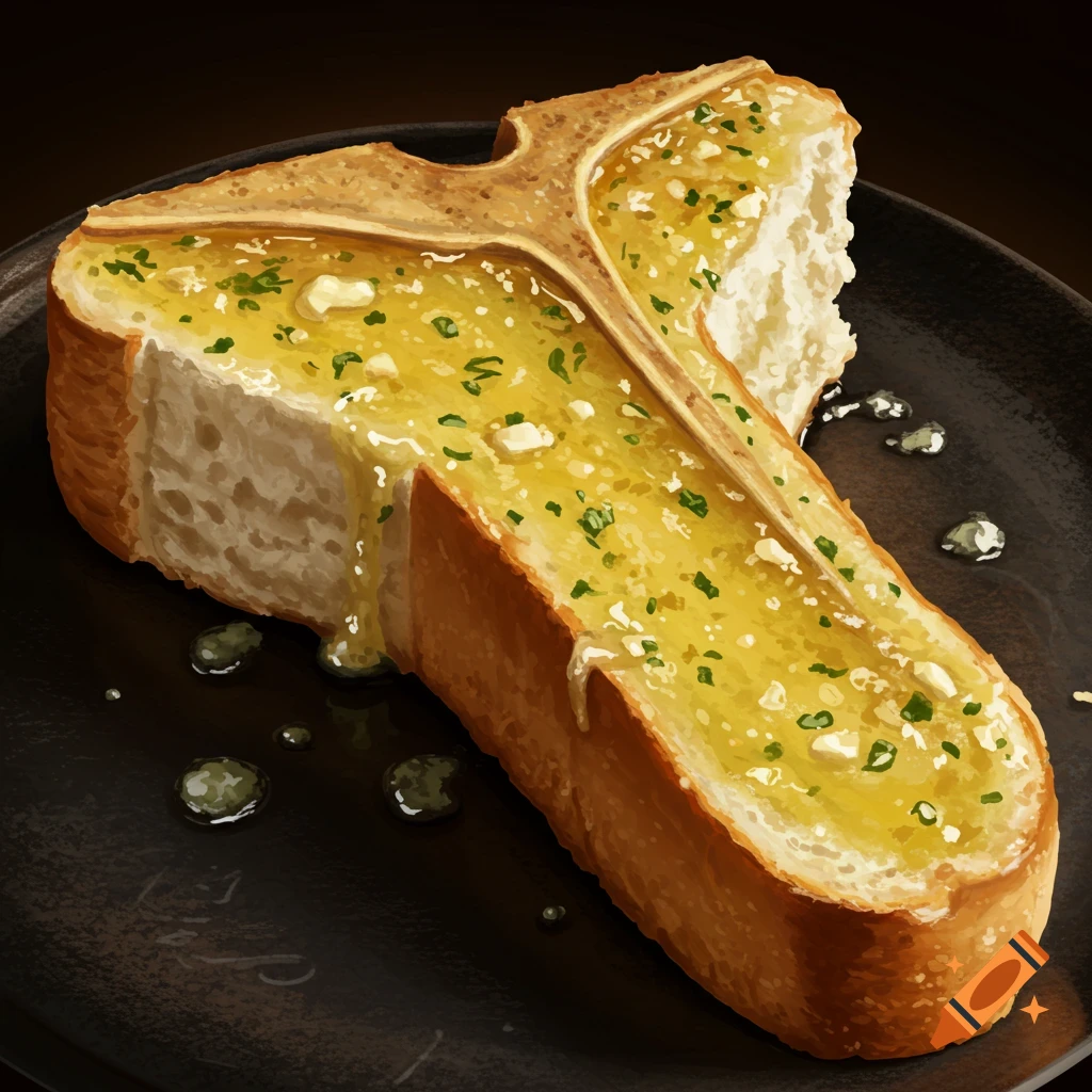 A slice of garlic bread is shaped like a t-bone steak, covered in melted butter and herbs on a dark plate.