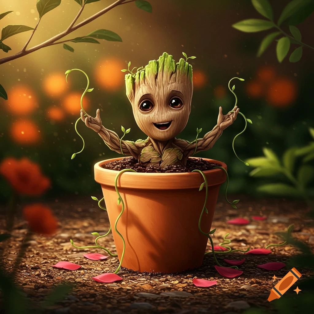 Baby Groot sprouts from a plant pot in a sunny garden.