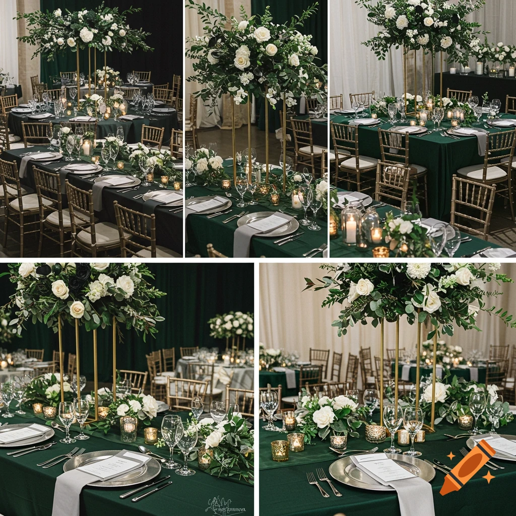 Wedding reception table setting with tall white floral arrangements, green tablecloth, gold stands, and silver tableware.