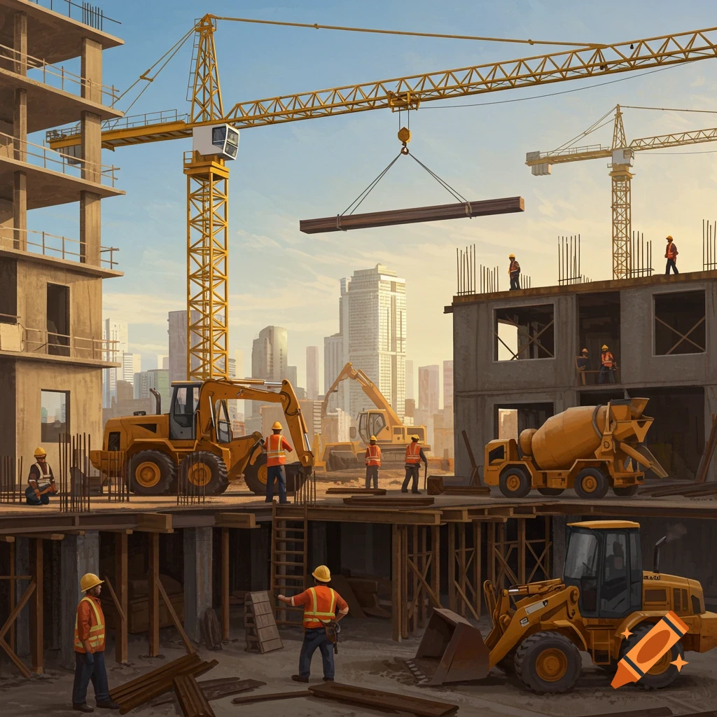 Construction site with workers and machinery including cranes, excavator, cement truck, and loader in front of a city skyline.