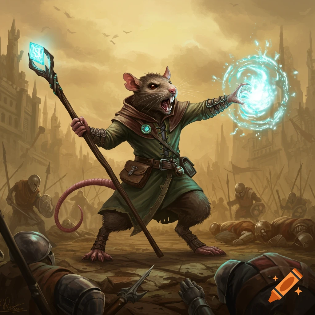 A rat-like creature in fantasy clothing casts a blue magical spell in a battle scene.