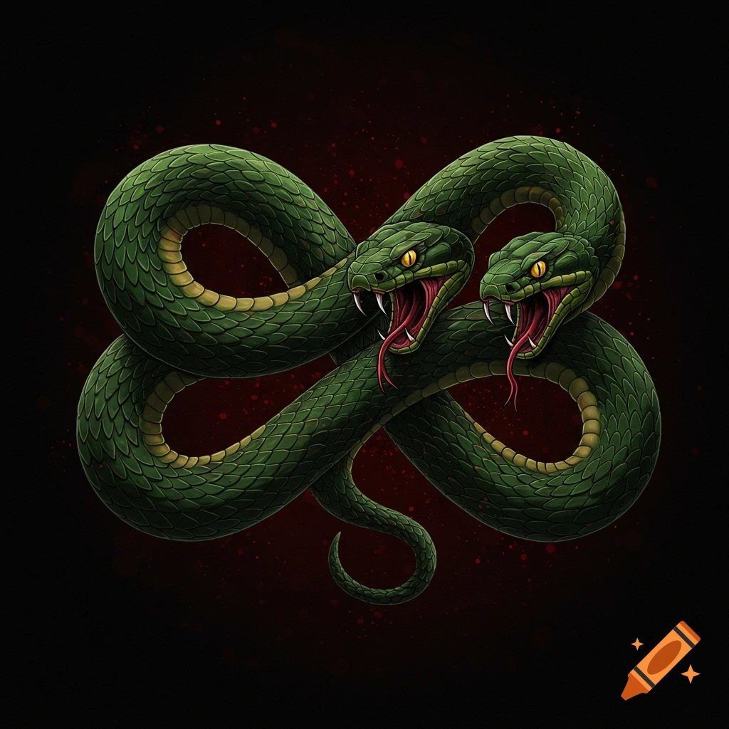 Two green snakes intertwined to form an infinity symbol on a dark background, illustration.