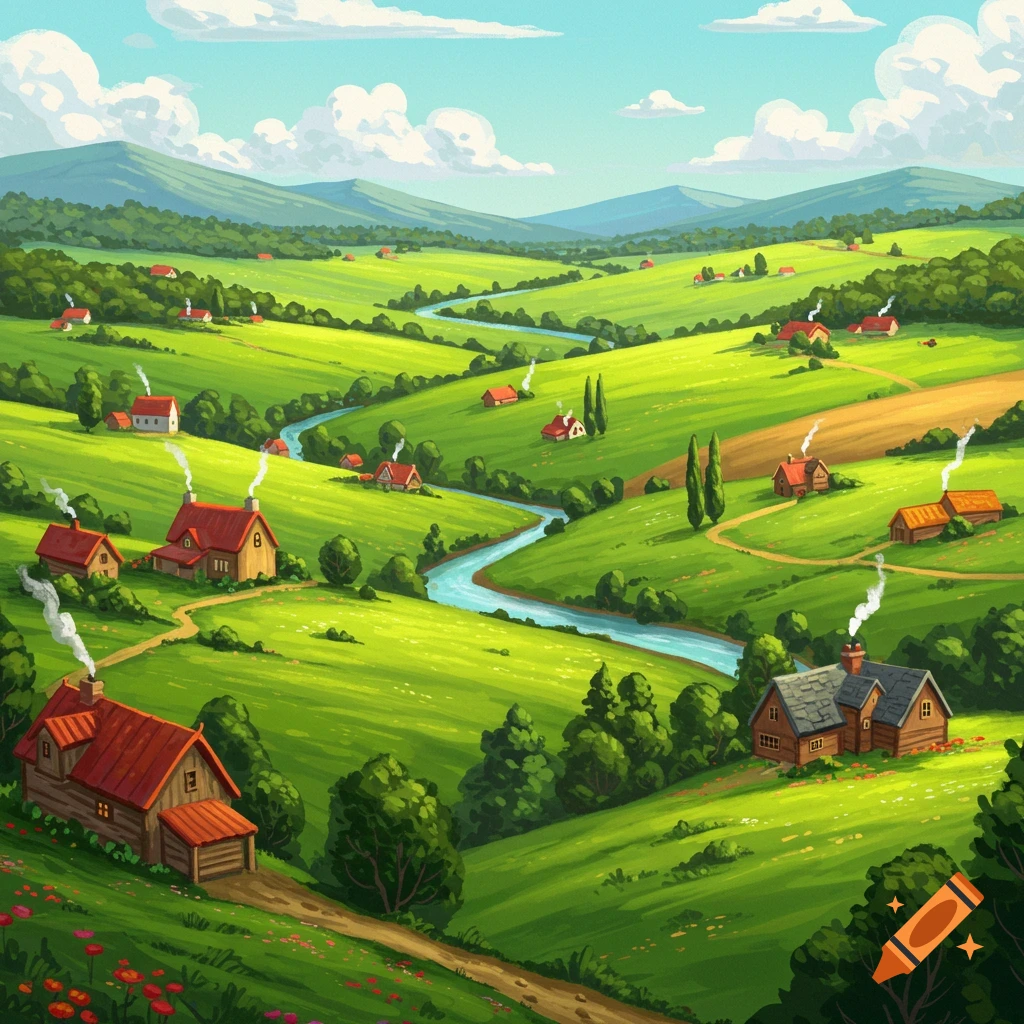 A stylized illustration of a lush green rural valley with scattered houses, a winding river, and hills under a cloudy sky.