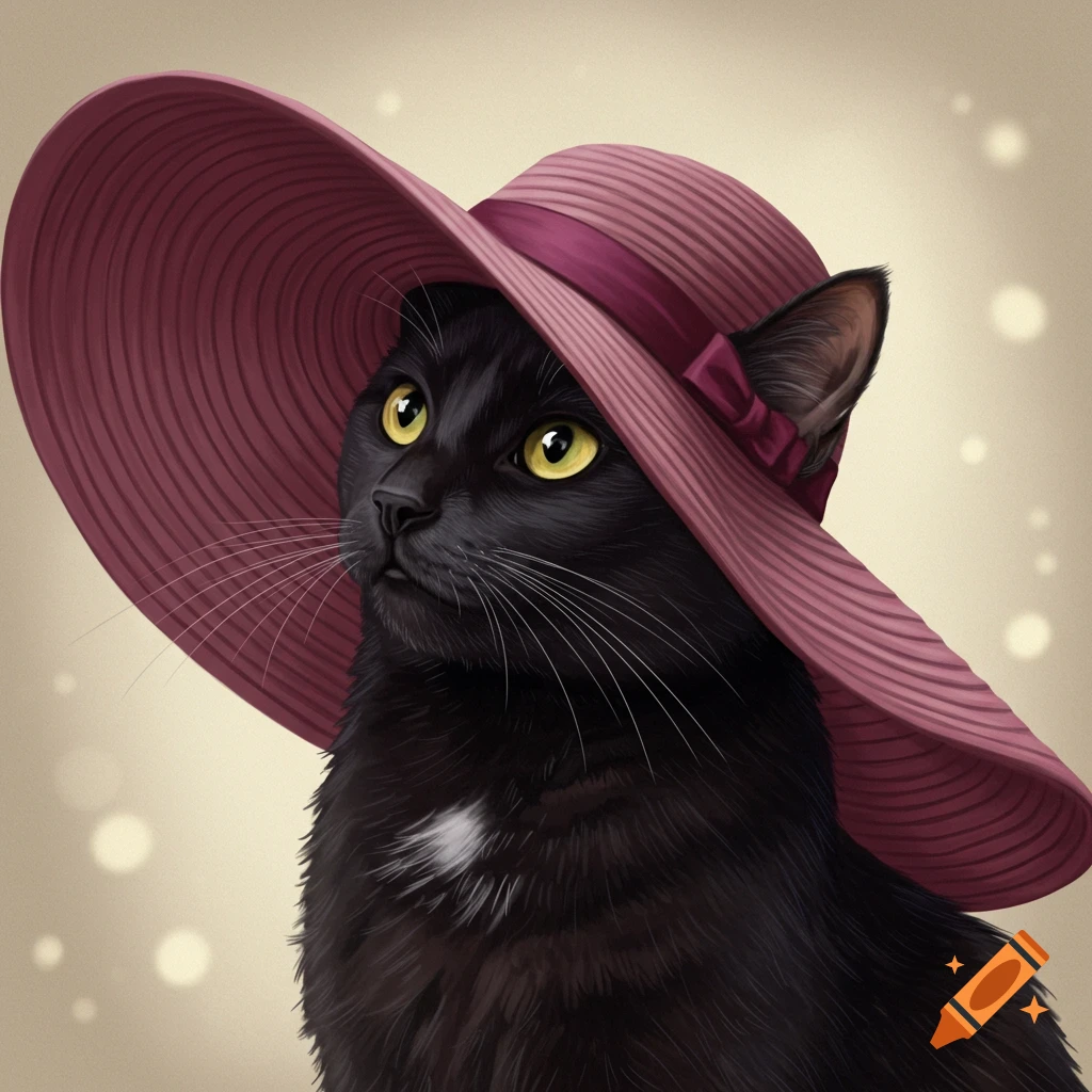 A black cat wearing a large pink hat.