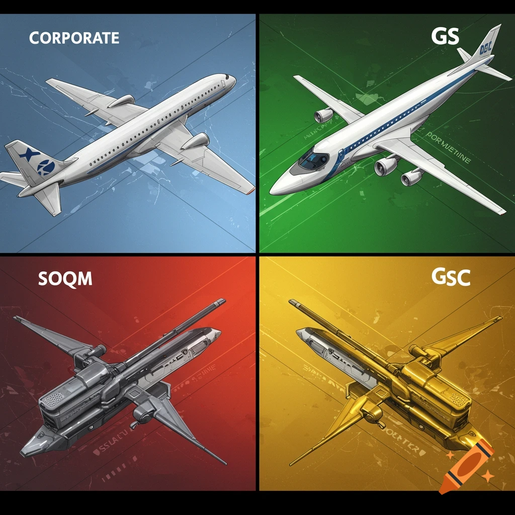 Four stylized aircraft designs in quadrants labeled Corporate, GS, SOQM, and GSC.
