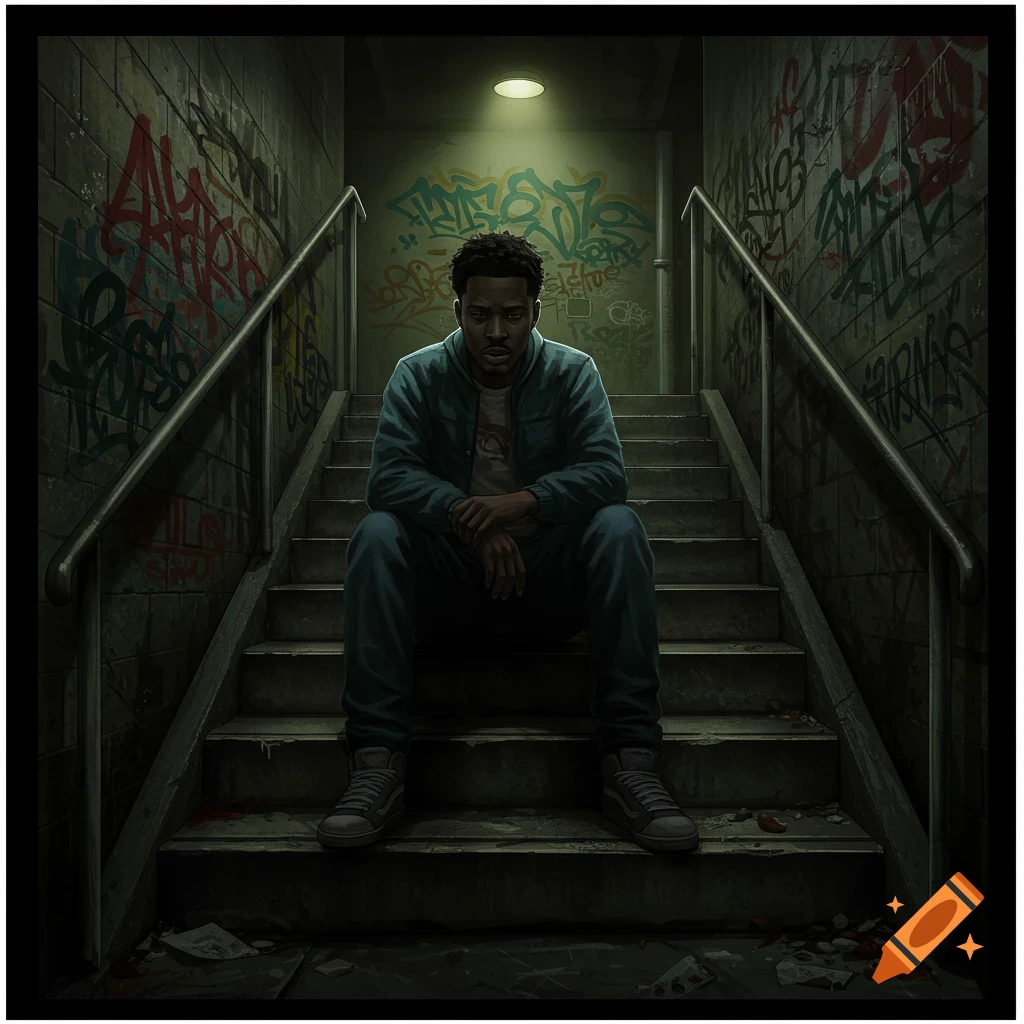 A man sits on concrete stairs in a dark, graffiti-covered stairwell.