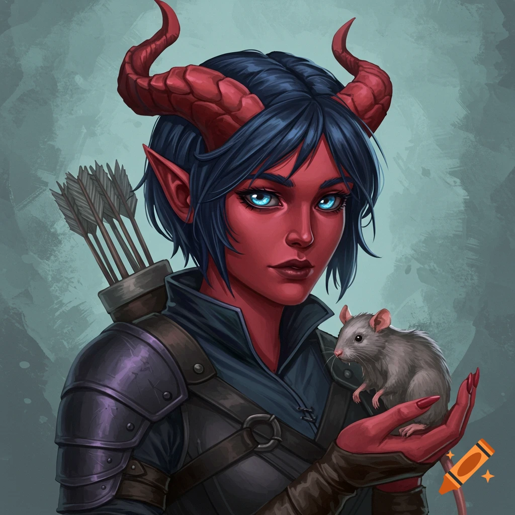 A red-skinned female tiefling character with horns, armor, and arrows, holding a rat.