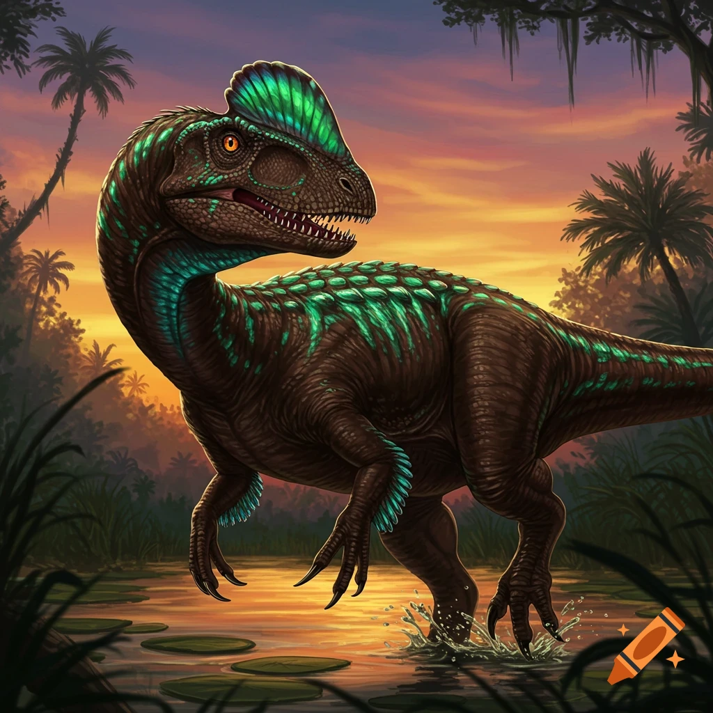 A green and brown dinosaur stands in shallow water in a jungle at sunset.