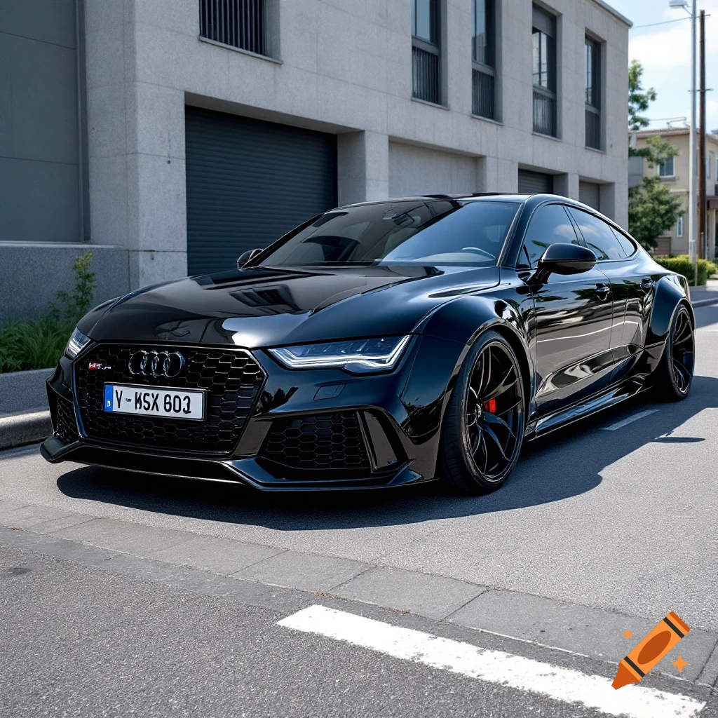 A black Audi RS7 parked on a street in front of a modern building.