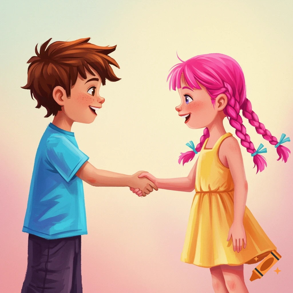 Cartoon illustration of a boy and a girl shaking hands.