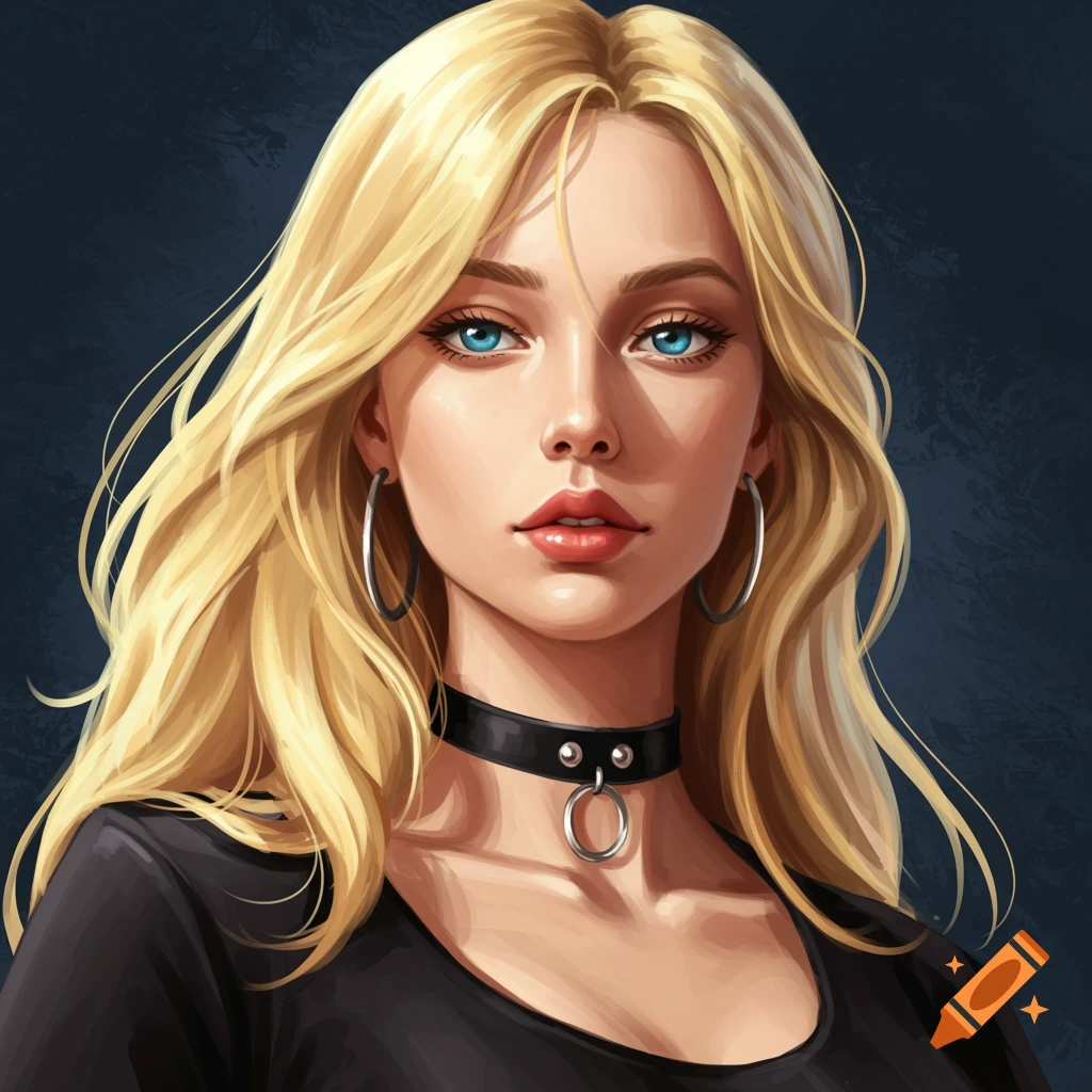 Portrait of a blonde woman with blue eyes and choker necklace.