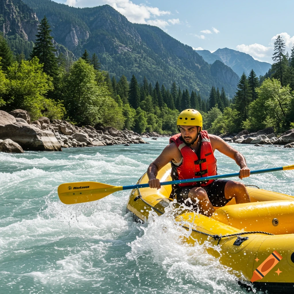 A man in a yellow raft paddles through whitewater rapids on a river surrounded by mountains and trees.