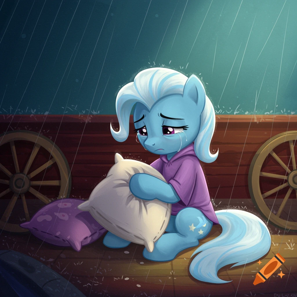 A sad cartoon pony with blue fur and white mane sits in a wagon in the rain, hugging a pillow.