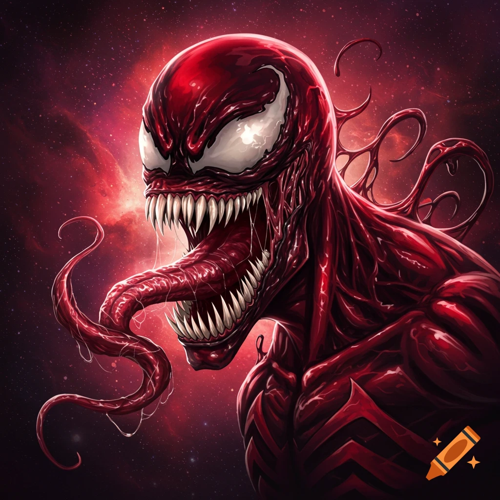 Close-up of a red Marvel symbiote monster, Carnage, with sharp teeth and long tongue against a red nebula background.
