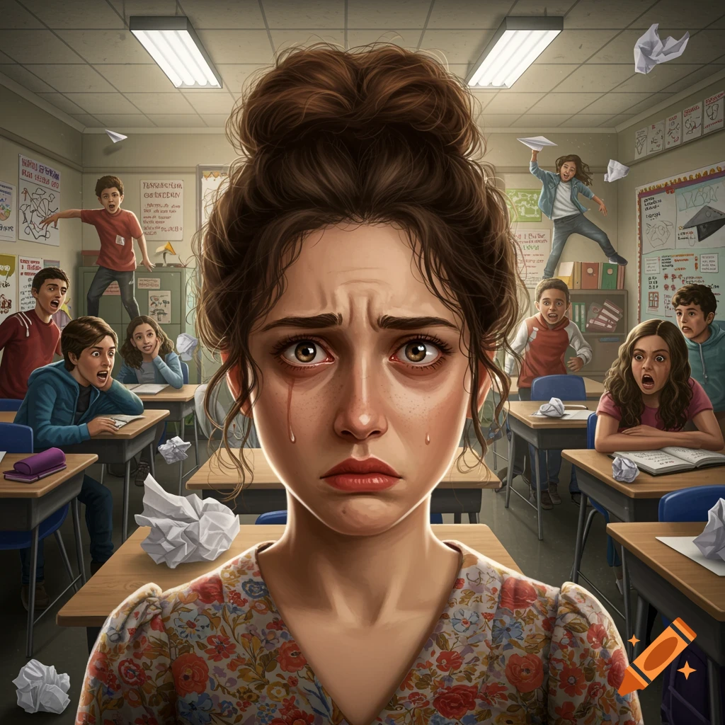 Illustration of a crying teacher in a chaotic classroom with misbehaving students.