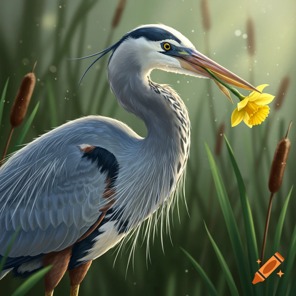 Great blue heron holding a yellow flower in its beak, standing among cattails.