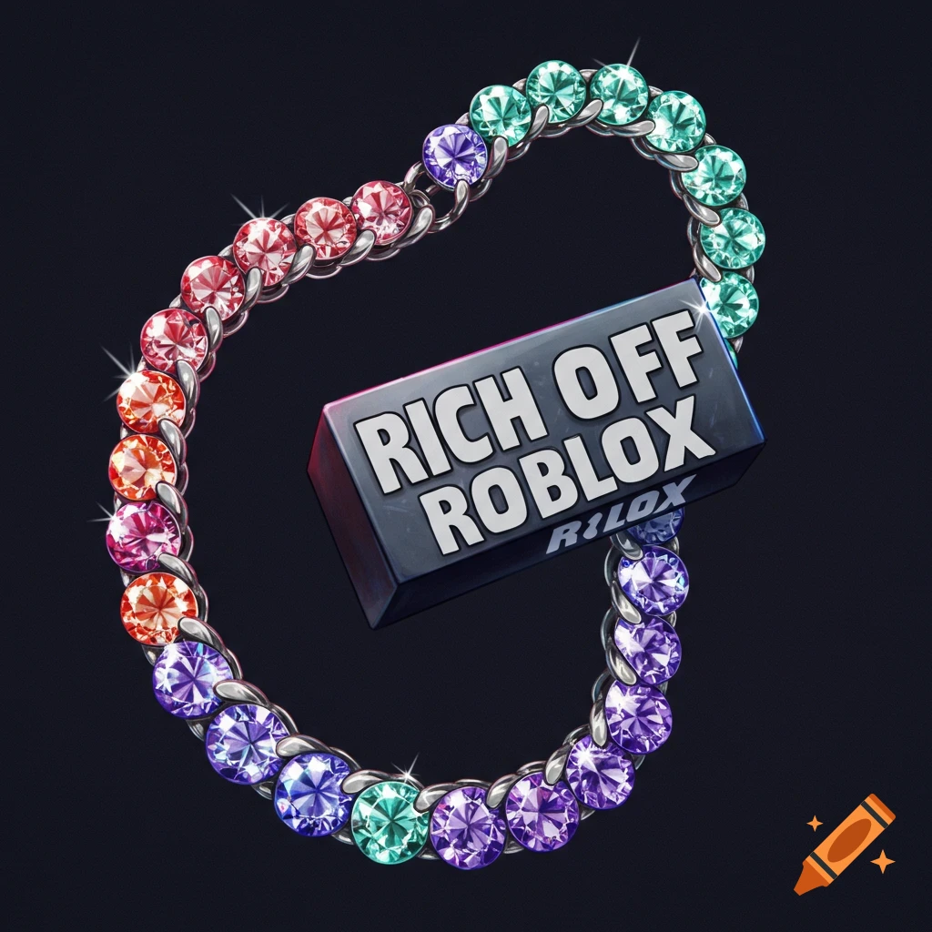 Diamond chain with rainbow gems surrounding a black block that says RICH OFF ROBLOX.