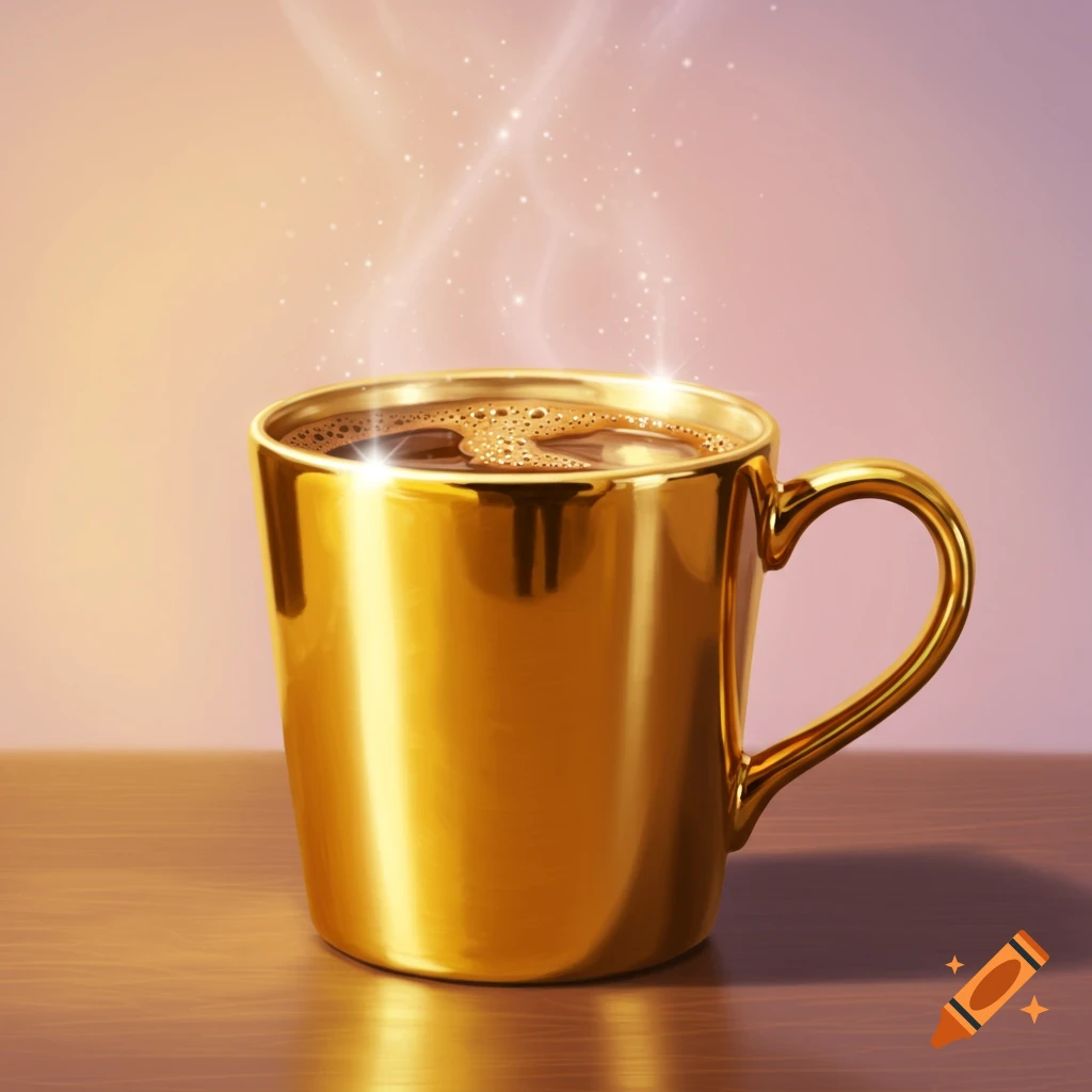 A gleaming golden coffee cup sits on a wooden table, with steam and sparkling light rising from it.