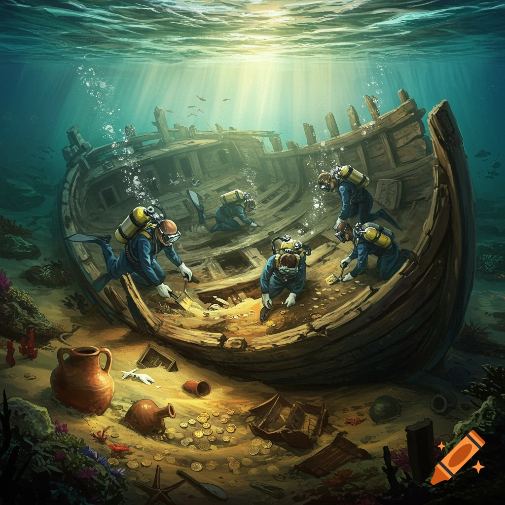 Several divers explore a sunken wooden shipwreck on the ocean floor, surrounded by sunlight rays and treasure coins.
