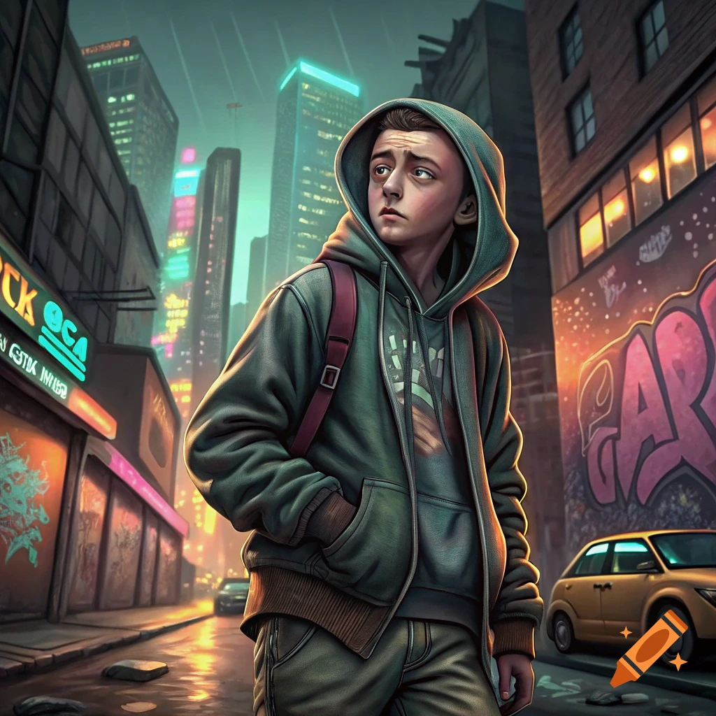 Digital art of a young person in a hoodie and backpack standing in a stylized urban street scene at night.