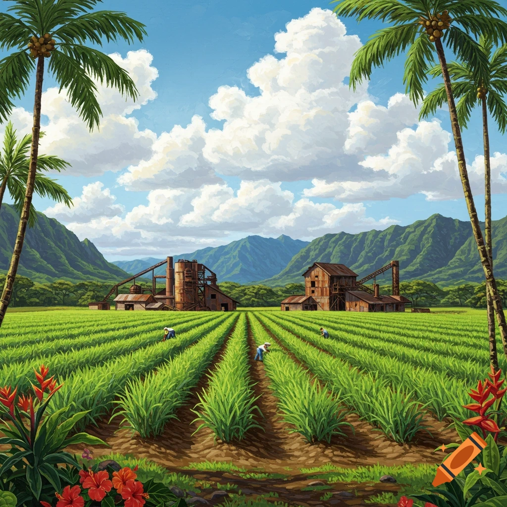 A sugar plantation field with workers, buildings, mountains, and palm trees under a cloudy sky.