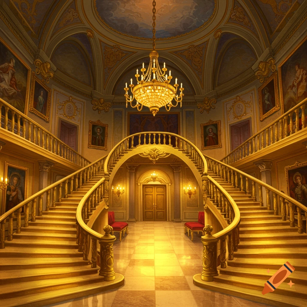 Grand baroque style spiral staircase in a golden ornate castle interior