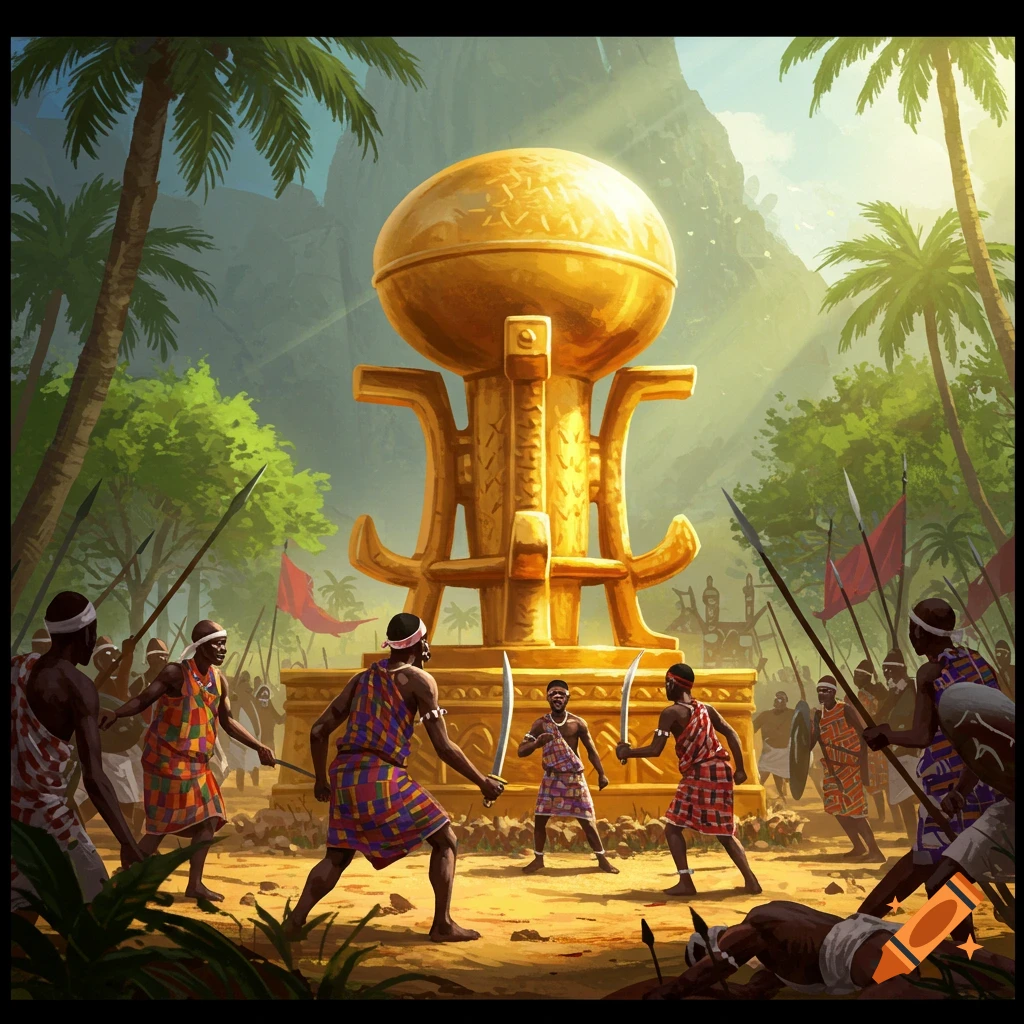 Illustration of people fighting with swords and spears around a large golden artifact in a jungle setting