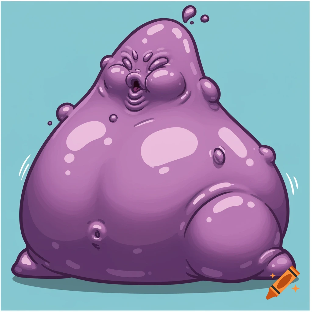 A large, glossy purple cartoon monster sitting down.