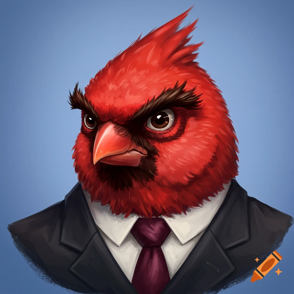 Digital illustration of a red cardinal bird wearing a suit and tie with angry eyebrows
