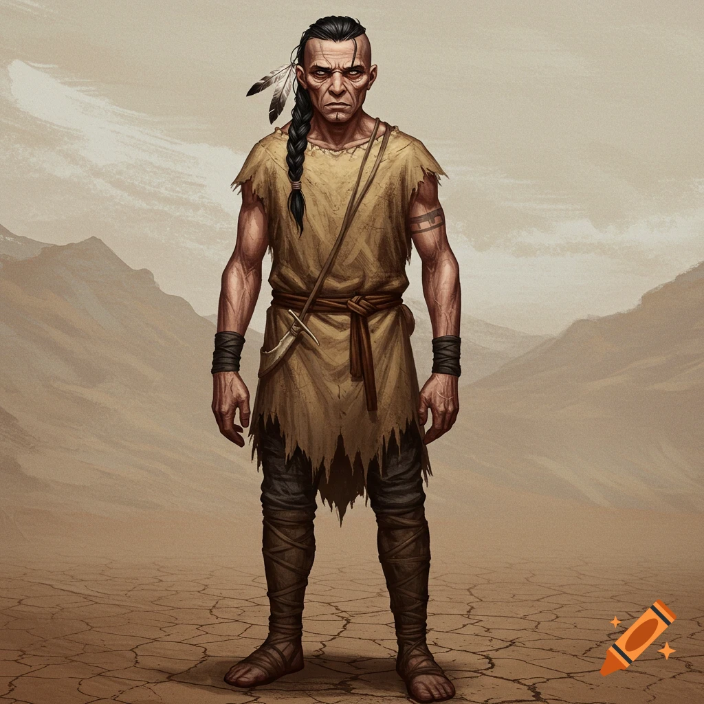A tribal man with braided hair and feathers stands in a cracked desert landscape.