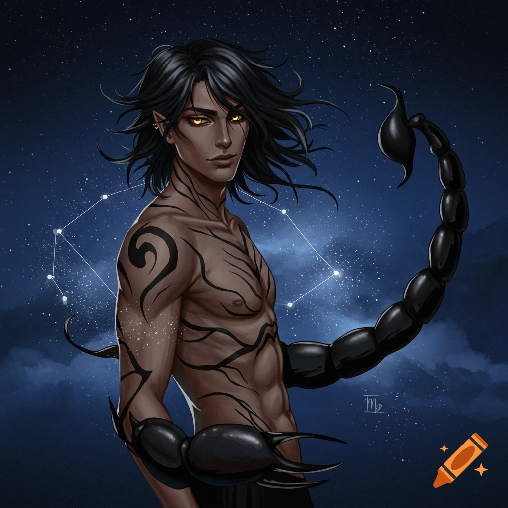 A dark fantasy character with yellow eyes and scorpion limbs stands in front of a starry sky with a constellation graphic.