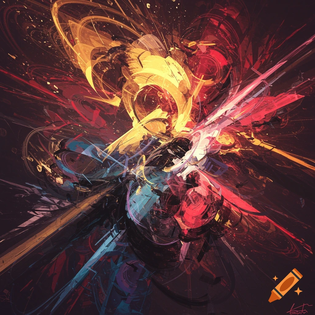 Abstract explosion of vibrant red, yellow, blue, and black shapes and lines on a dark background.