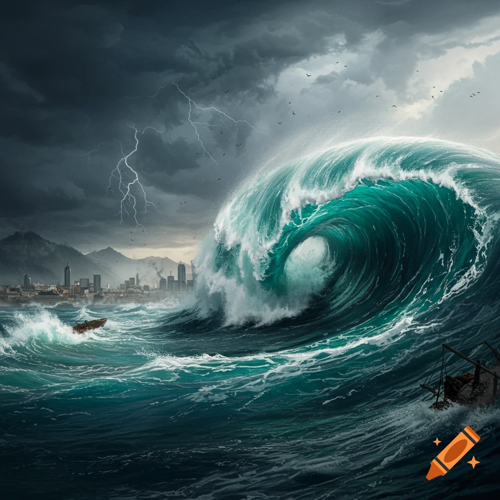 A giant tsunami wave crashes towards a city skyline under a dark, stormy sky with lightning, with boats tossed in the sea.