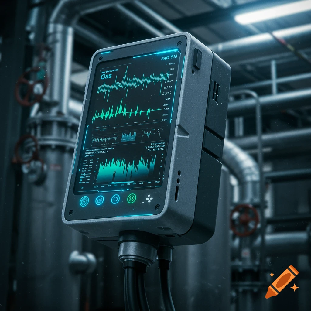 Close-up of a technical device displaying data graphs on a screen in an industrial setting.