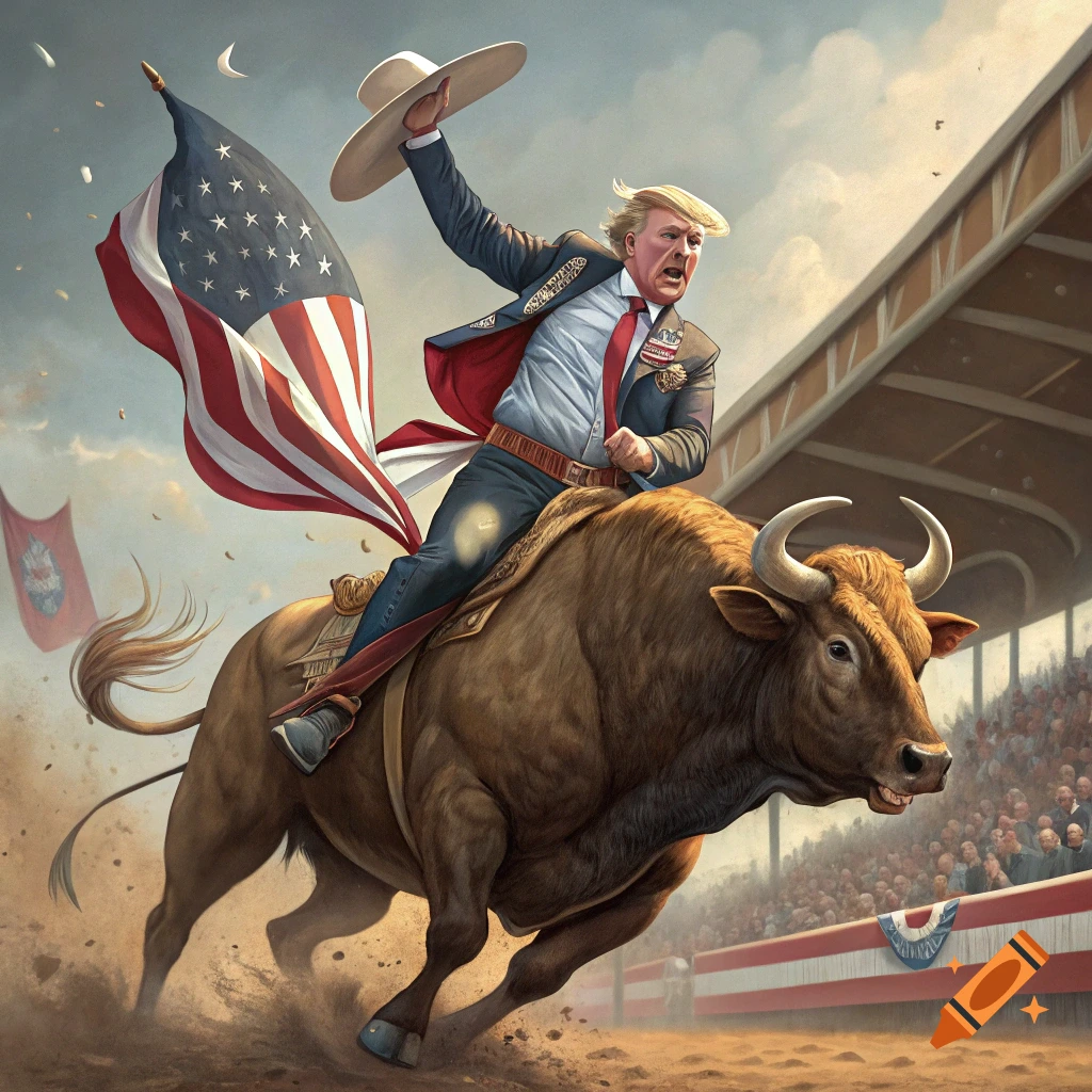 Illustration of Donald Trump riding a bucking bull in a rodeo arena, waving an American flag.