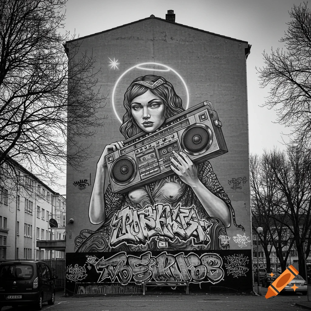 Black and white mural on a building: woman with halo holding boombox, in a detailed graffiti urban art style.