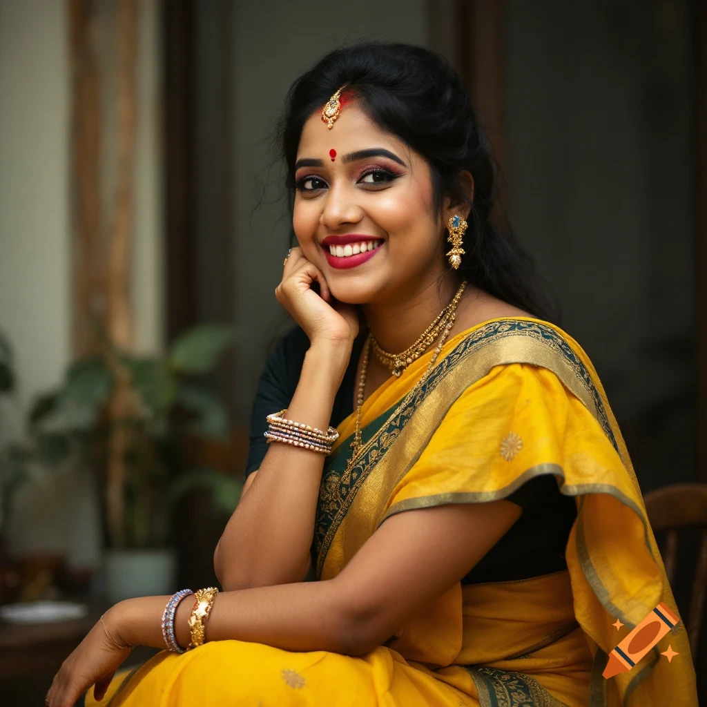 Portrait of a woman in a yellow and green traditional Indian saree and jewelry, smiling.