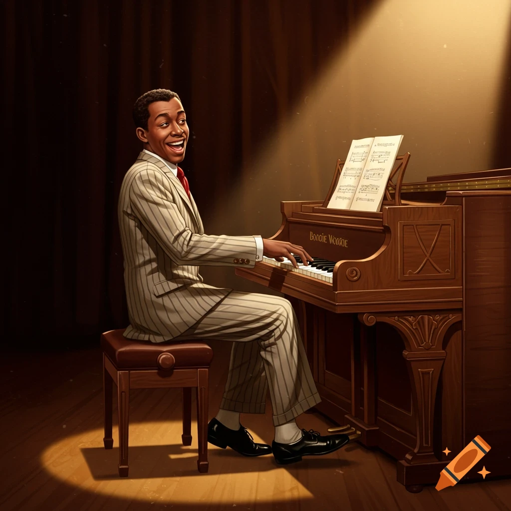 Illustration of a man in a pinstripe suit playing piano on a stage with sheet music.