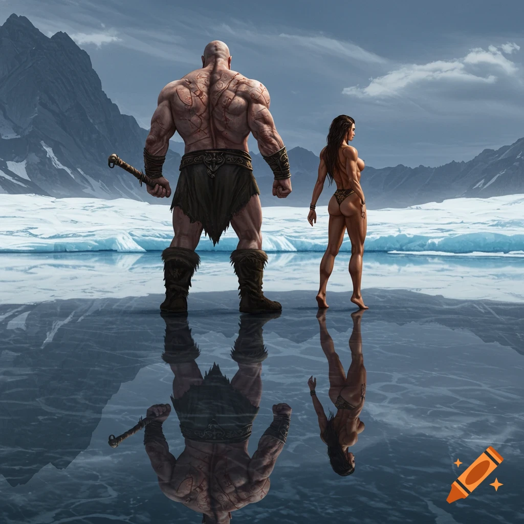 Two muscular figures stand on a reflective ice sheet in an arctic landscape.