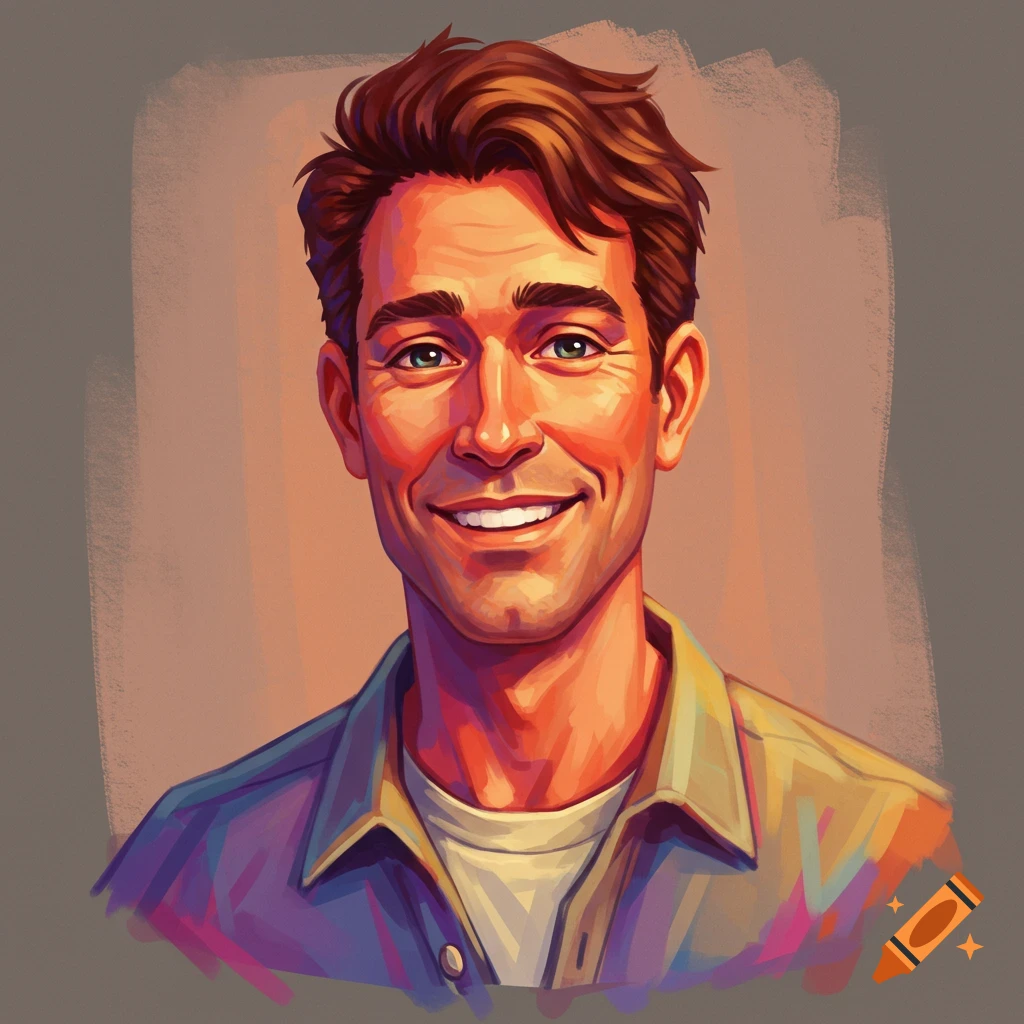 An illustration of a smiling man with brown hair and a button-up shirt.