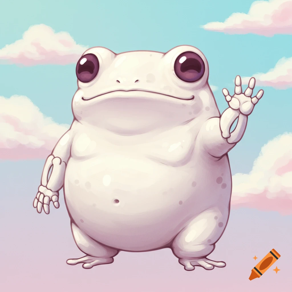 A cute, chunky white frog-like creature with big purple eyes and a skeletal left arm waves against a pastel sky with clouds.